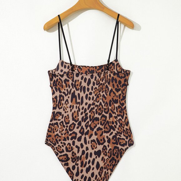 B252 Brown Spaghetti Straps Ruched Leopard Bodysuit - Picture 10 of 16